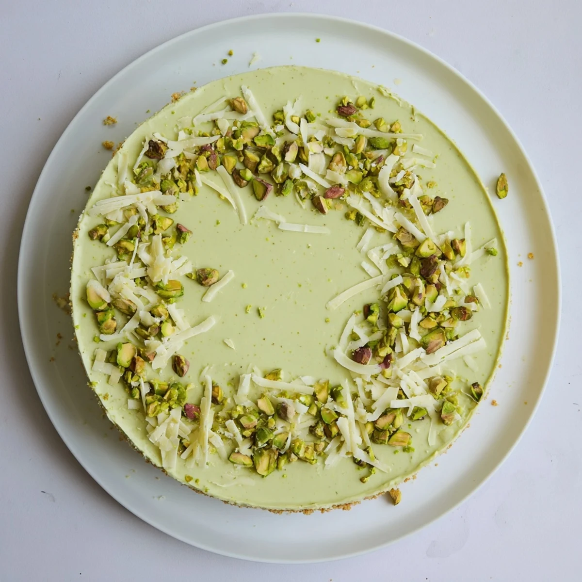 Silky no bake pistachio cheesecake served on a plate with white chocolate shavings