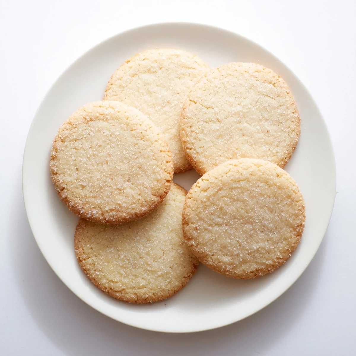 Soft buttery sugar cookies arranged on a rustic white ceramic serving plate