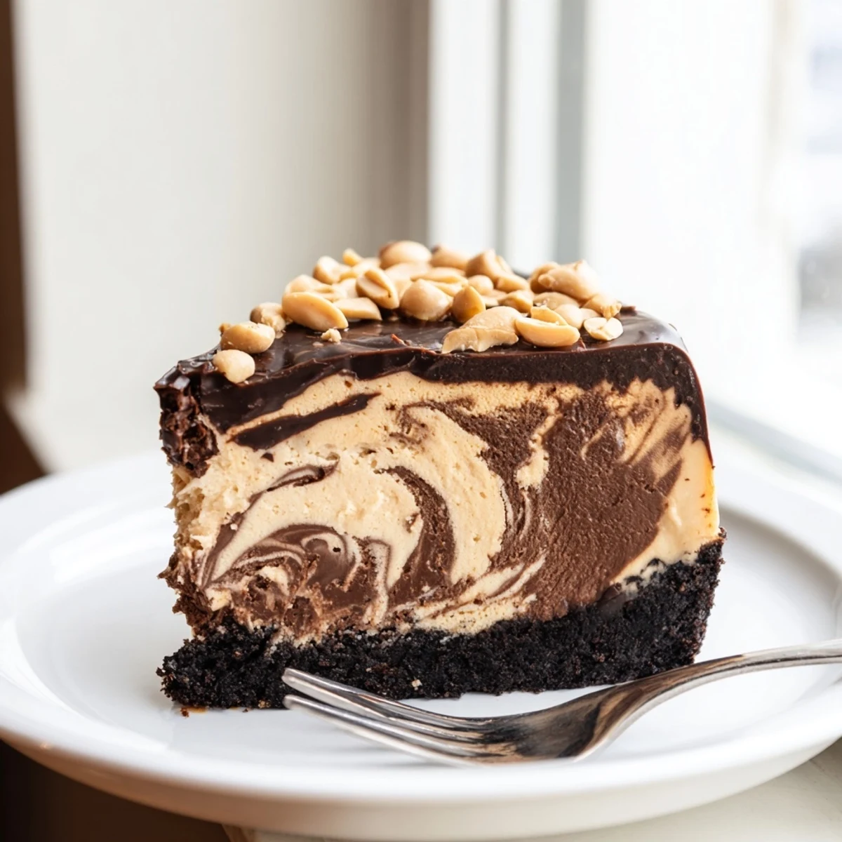 Creamy chocolate peanut butter cheesecake sliced on a plate with rich ganache topping