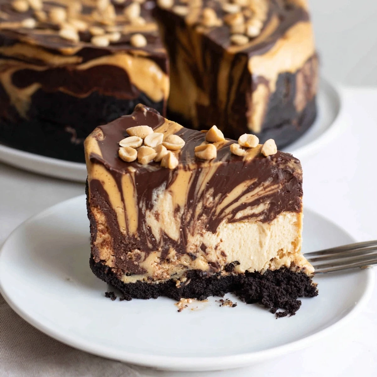 Decadent chocolate peanut butter cheesecake showing marbled swirls atop a dark cookie crust