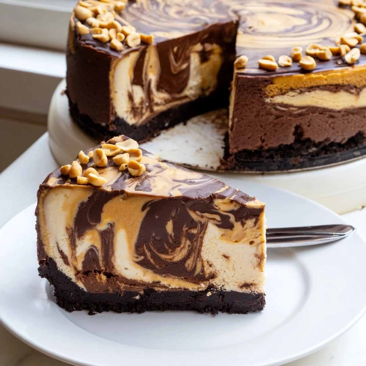 Smooth chocolate peanut butter cheesecake garnished with chopped peanuts on a white serving plate