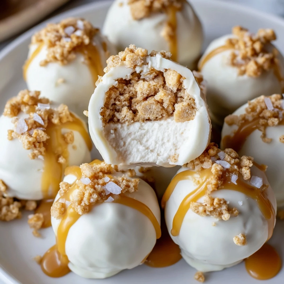 Creamy salted caramel pretzel cheesecake balls drizzled with golden caramel on a rustic tray