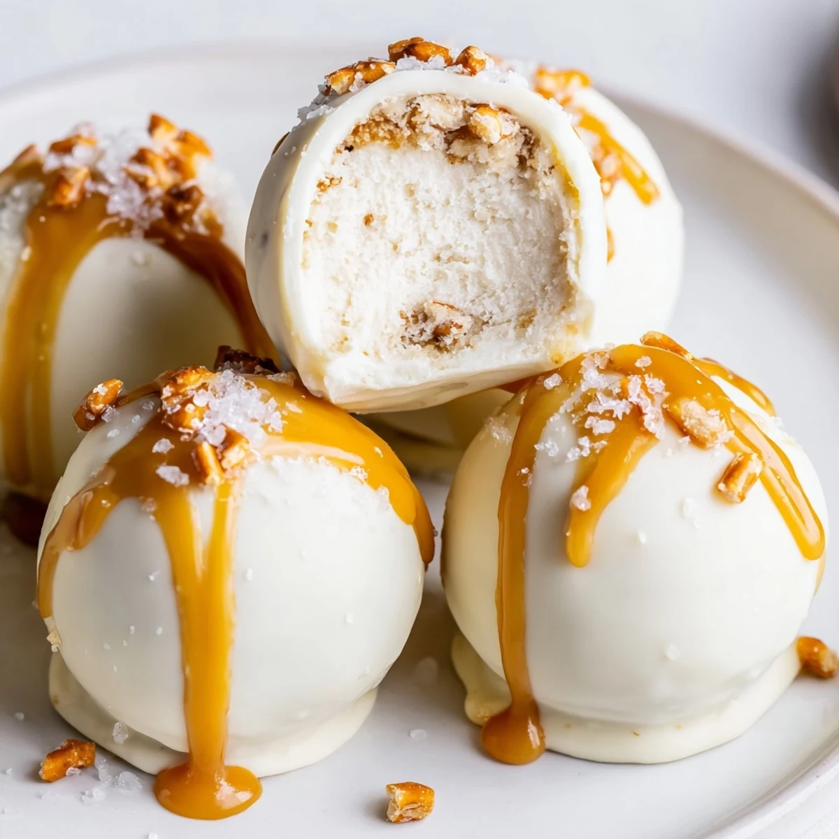 Golden-dipped salted caramel pretzel cheesecake balls coated in crunchy crushed pretzels with sea salt