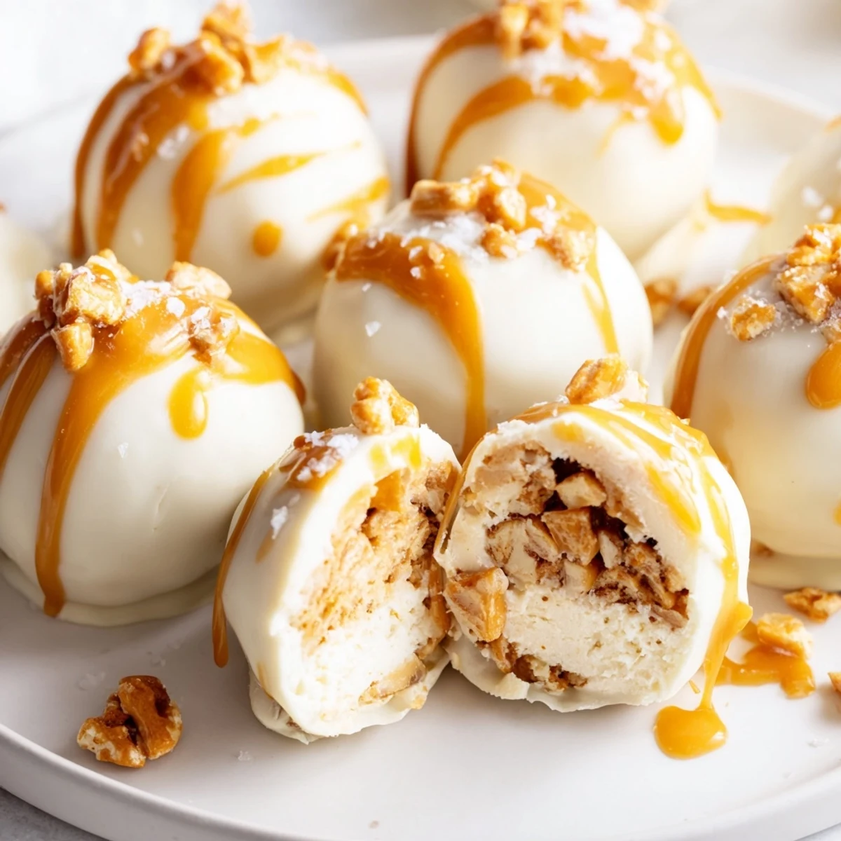 Bite-sized salted caramel pretzel cheesecake balls glistening with white chocolate and sticky caramel drizzle