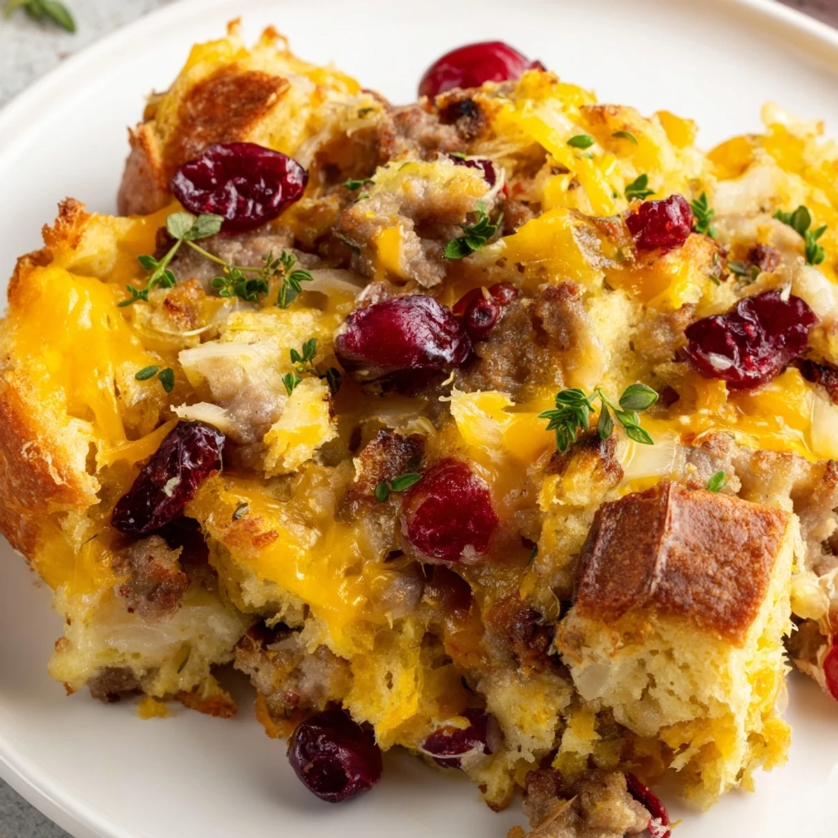 Golden-baked cranberry sausage stuffing breakfast casserole with bubbling cheddar and fresh parsley garnish