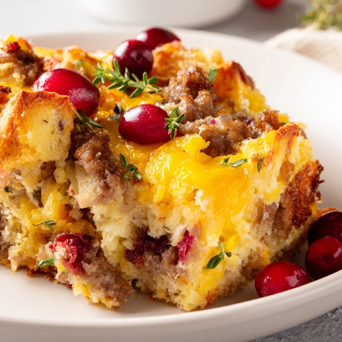 Steaming spoonful of cranberry sausage stuffing breakfast casserole revealing tender bread and savory crumbles