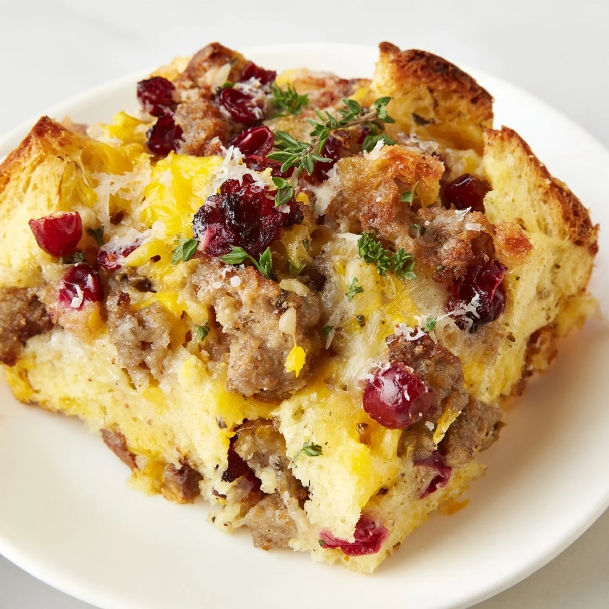 Rustic cranberry sausage stuffing breakfast casserole fresh from the oven with a crispy golden top