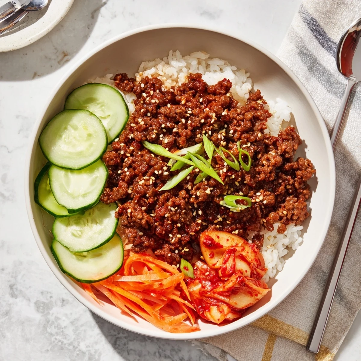 Korean ground beef bowl topped with sesame seeds, green onions, and crisp vegetables over steamed white rice.