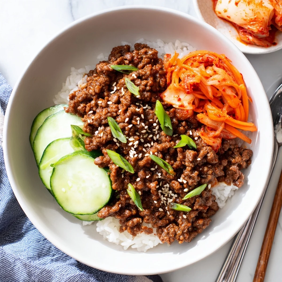Savory Korean ground beef bowl glistening with sweet chili glaze, garnished with julienned carrot and fresh cucumber.