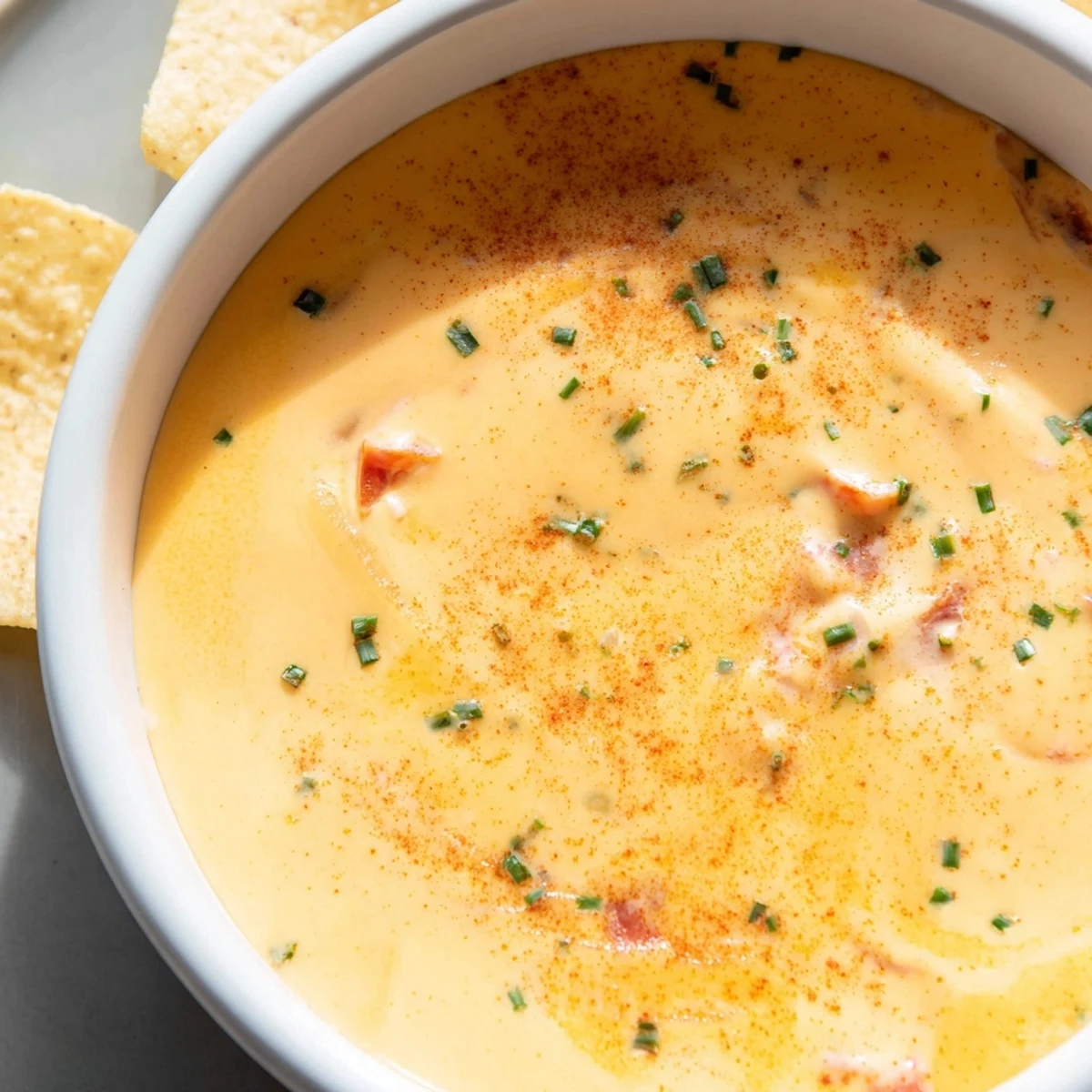 Warm cheese dip in a serving bowl surrounded by crispy tortilla chips