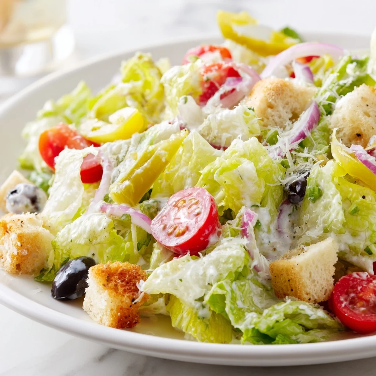 Fresh Olive Garden Salad featuring juicy tomatoes, black olives, and golden crunchy croutons