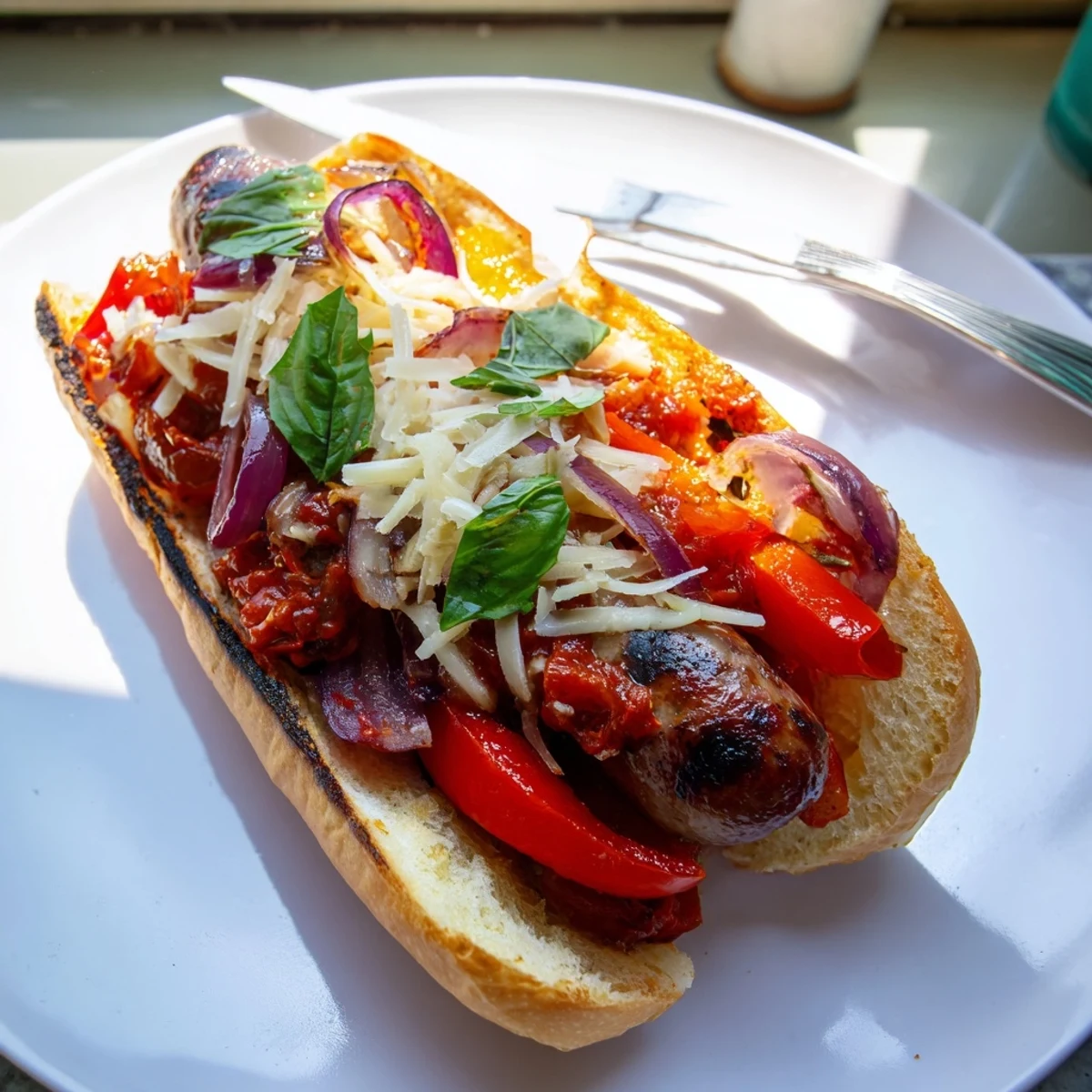 Crispy grilled sausage grinders dripping with robust tomato sauce and melted provolone cheese