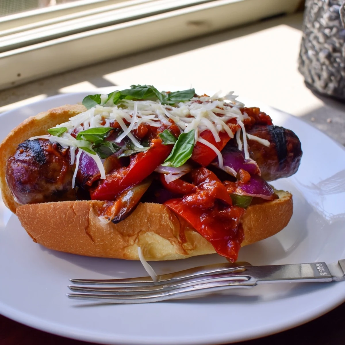 Smoky grilled sausage grinders piled with charred tomato sauce on toasted hoagie rolls