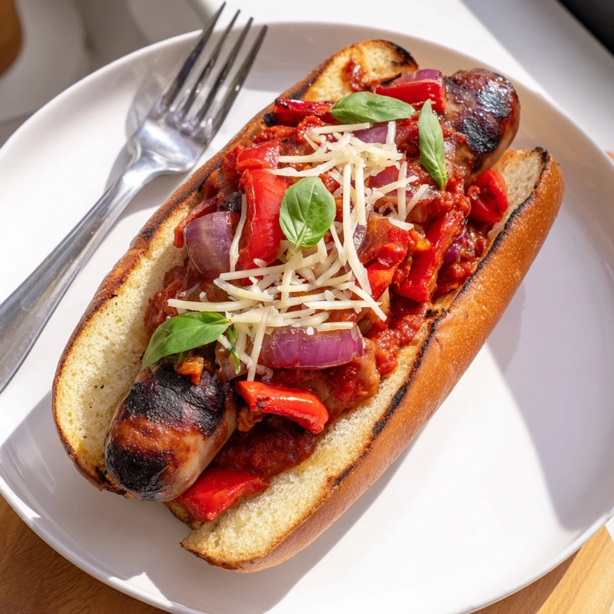 Juicy grilled sausage grinders loaded with smoky vegetables in crusty toasted grinder rolls