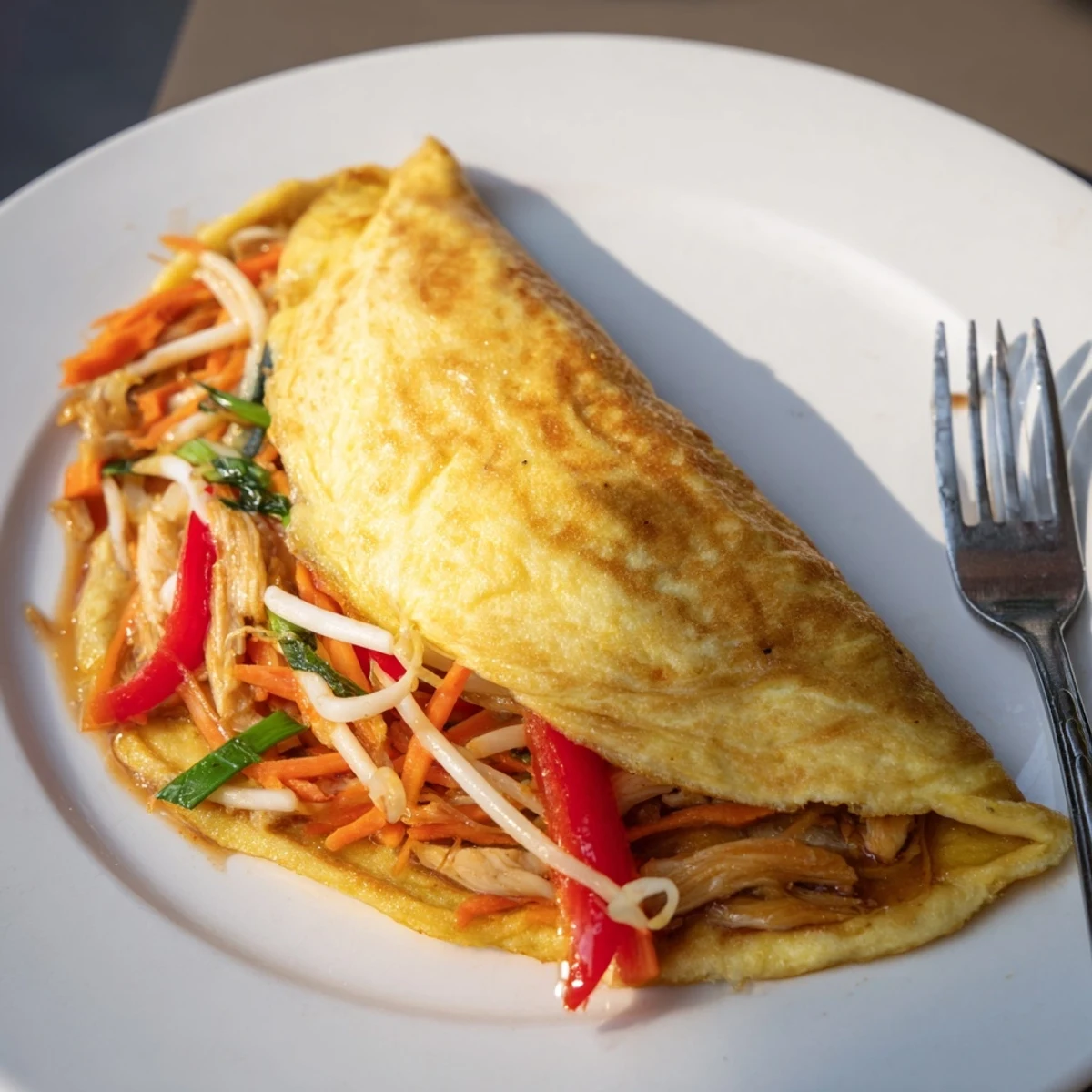 Golden Chinese omelette folded over tender chicken and crisp stir-fried vegetables on a white plate.