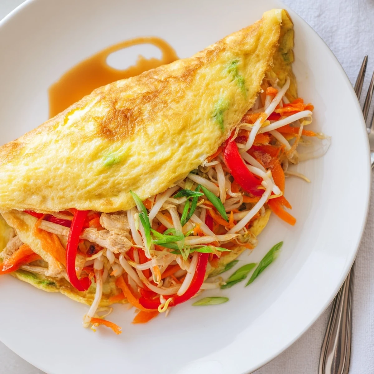 Fluffy Chinese omelette filled with colorful bell peppers, bean sprouts, and shredded chicken, ready to serve.