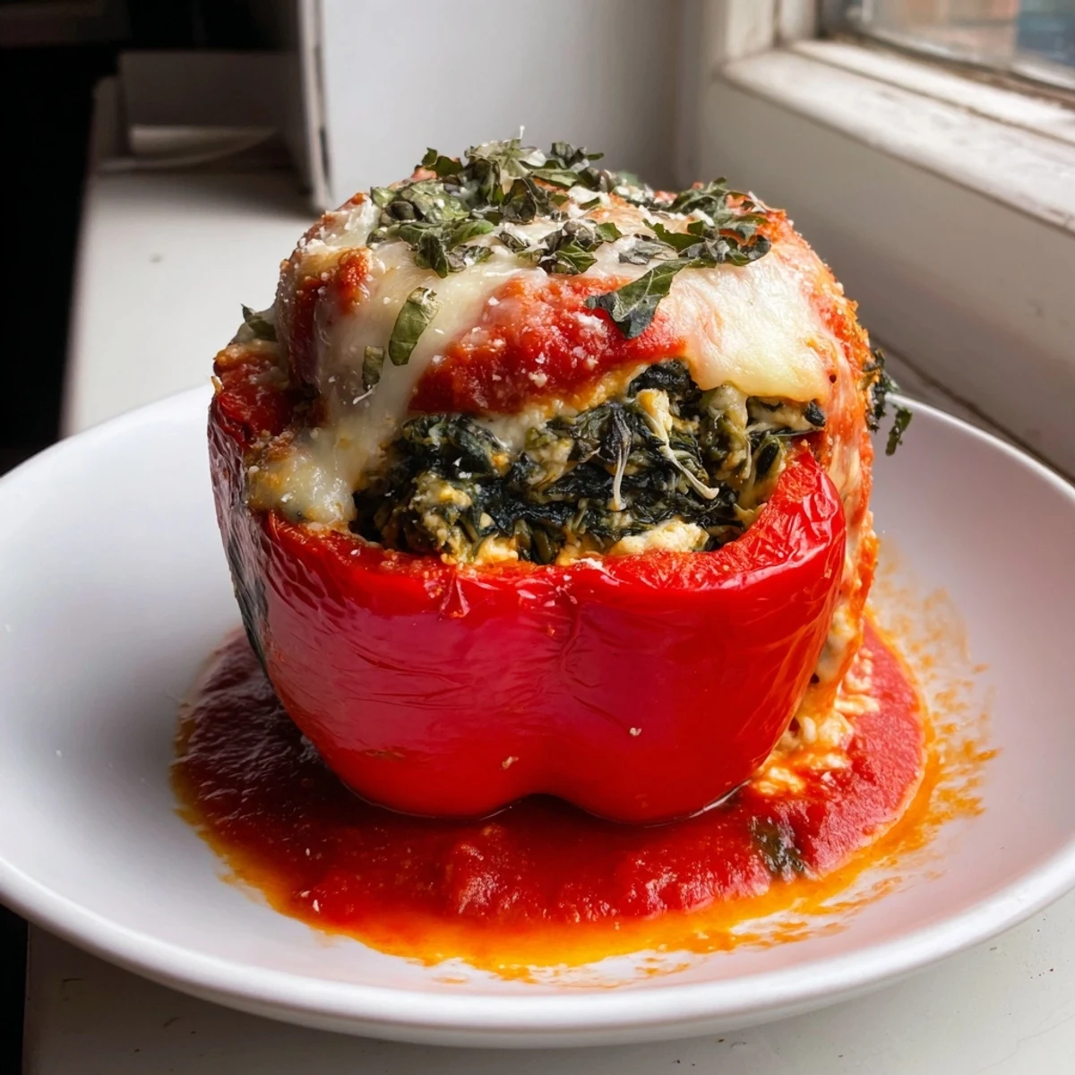 Golden baked ricotta stuffed peppers with melted mozzarella and fresh basil on top