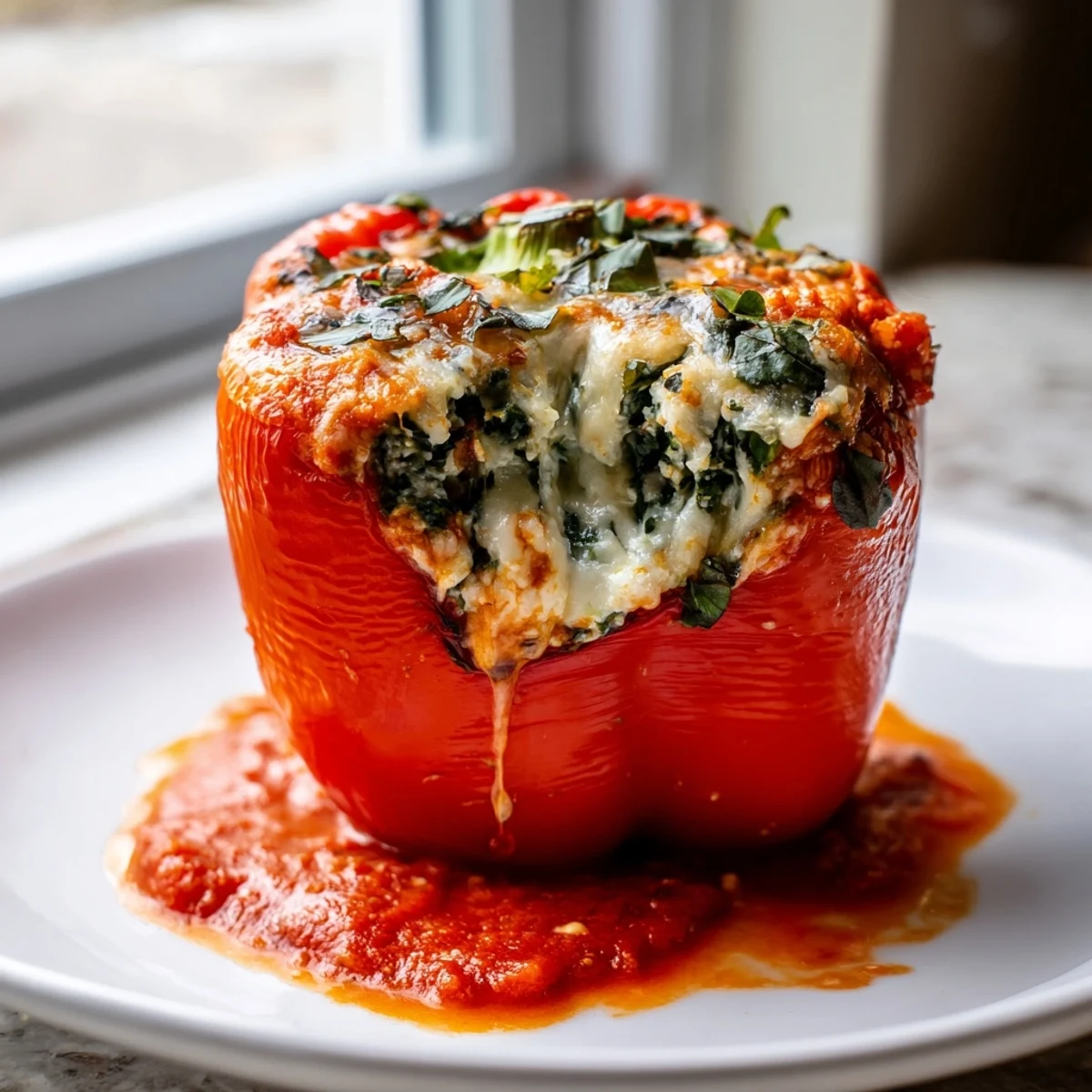 Creamy ricotta stuffed peppers nestled in tomato sauce ready for a cozy dinner