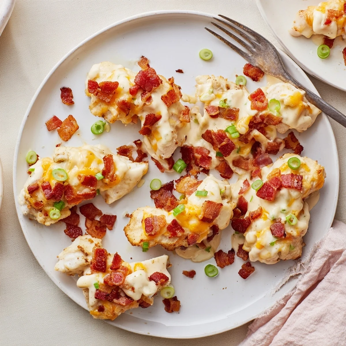 Golden baked crack chicken bubbling with melted cheddar and crispy bacon topping