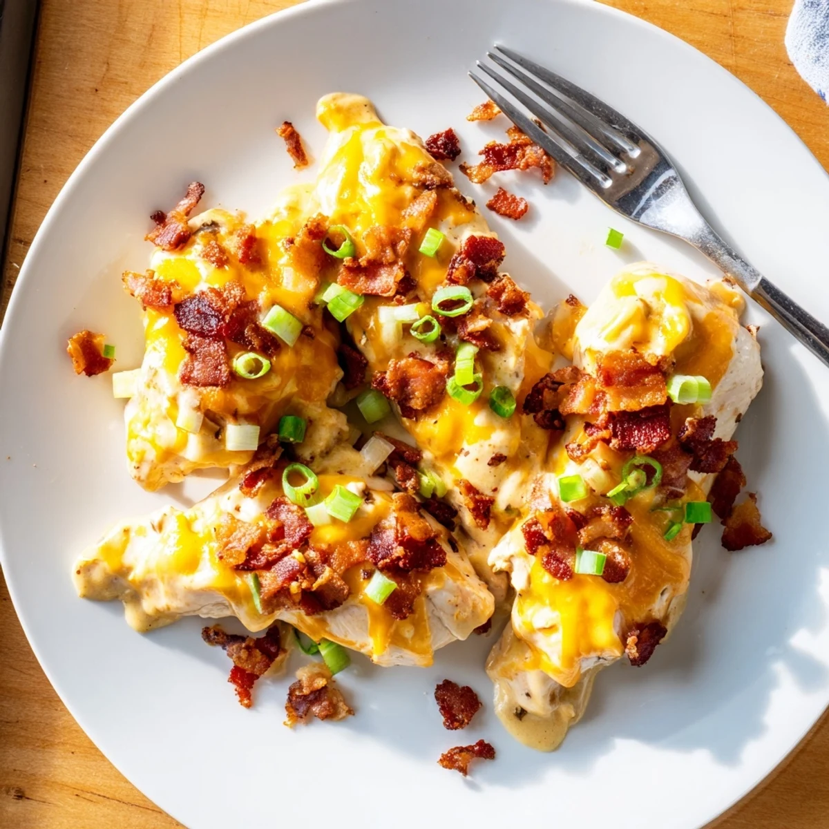 Juicy baked crack chicken draped in velvety cream cheese sauce with crumbled bacon