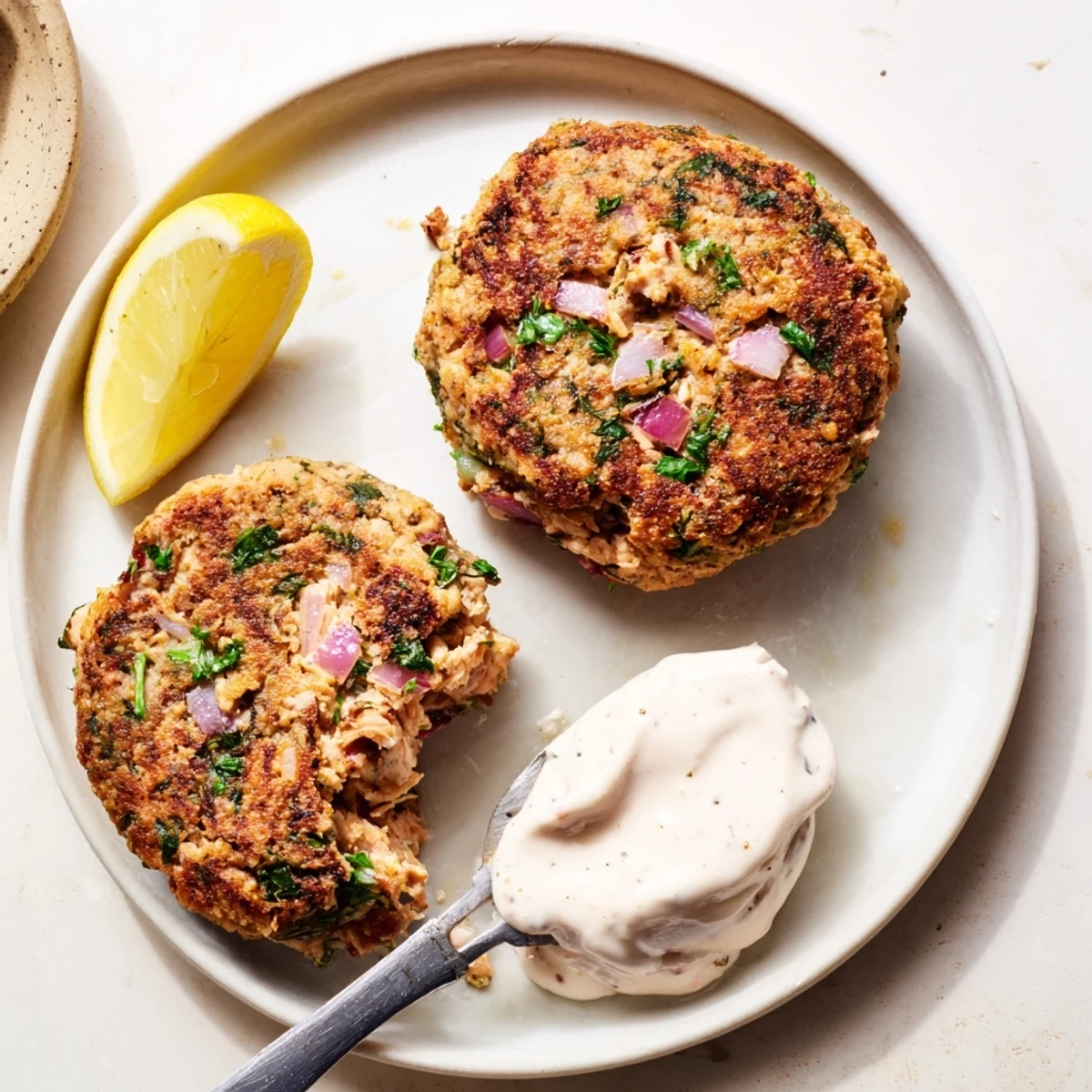 Golden pan-fried lemon garlic Alaska salmon cakes with creamy aioli on a rustic plate