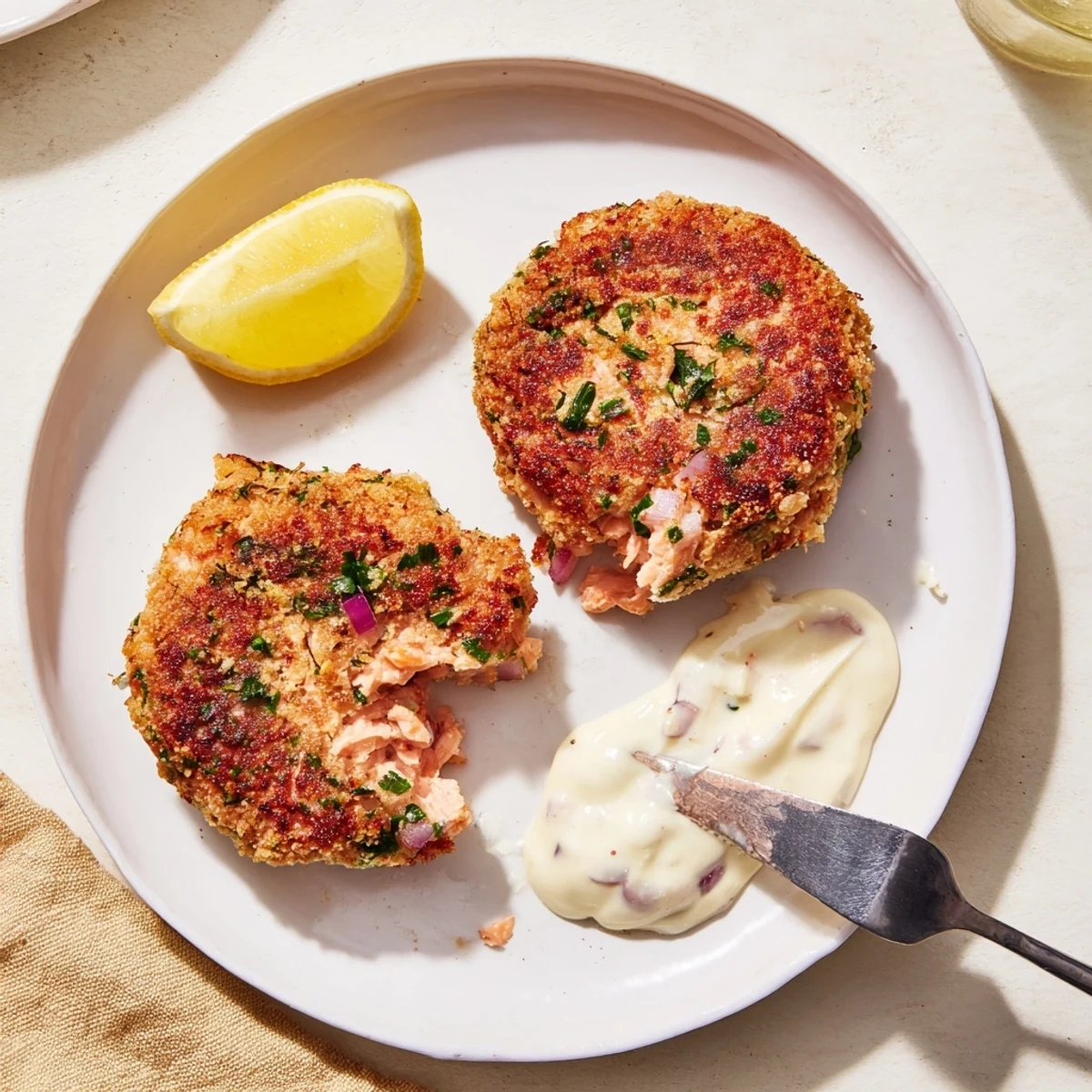 Savory lemon garlic Alaska salmon cakes served with smooth aioli and bright lemon wedges