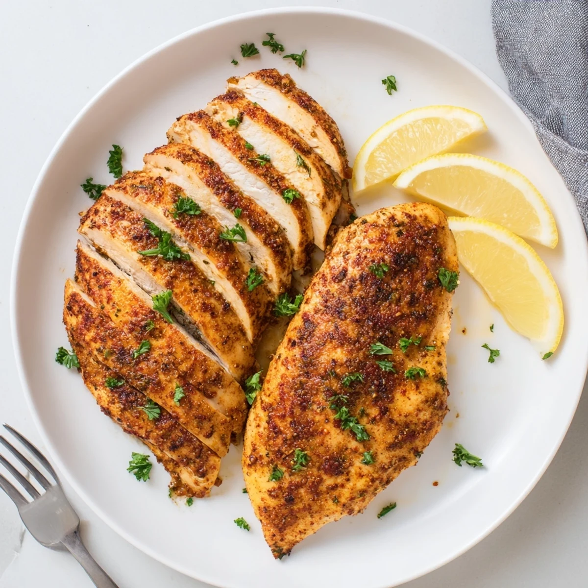 Golden oven baked chicken breasts with herb seasoning on a rustic baking sheet