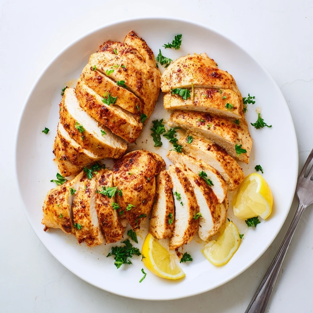 Juicy oven baked chicken breasts sliced open topped with fresh parsley garnish