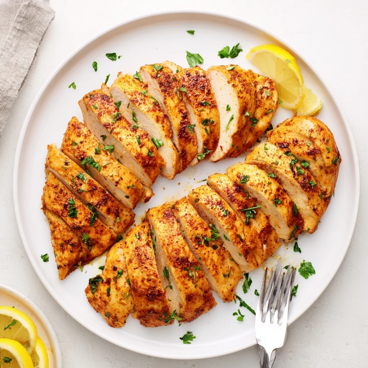 Perfectly cooked oven baked chicken breasts resting alongside bright lemon wedges