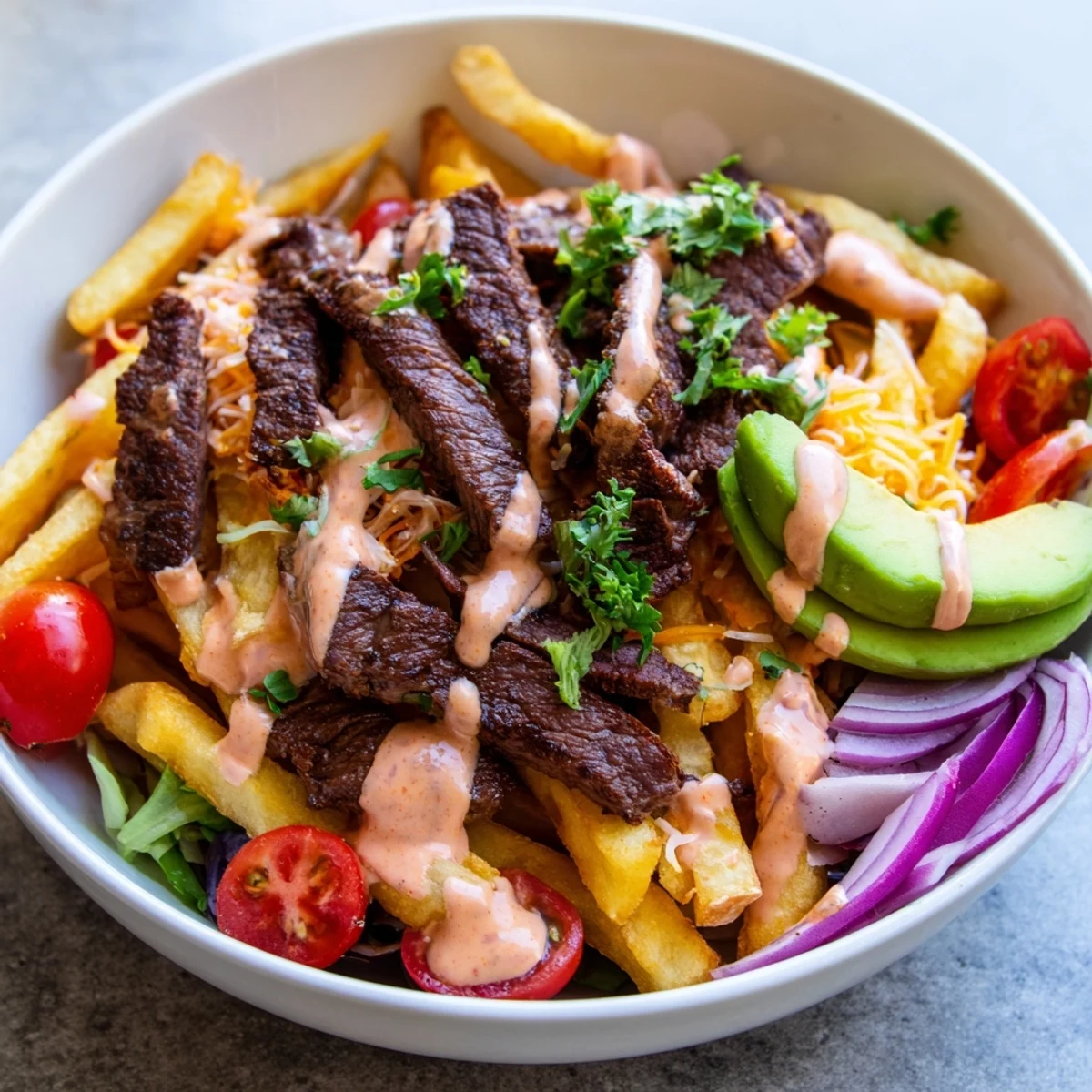 Golden fries topped with seared steak strips fresh greens and zesty sauce