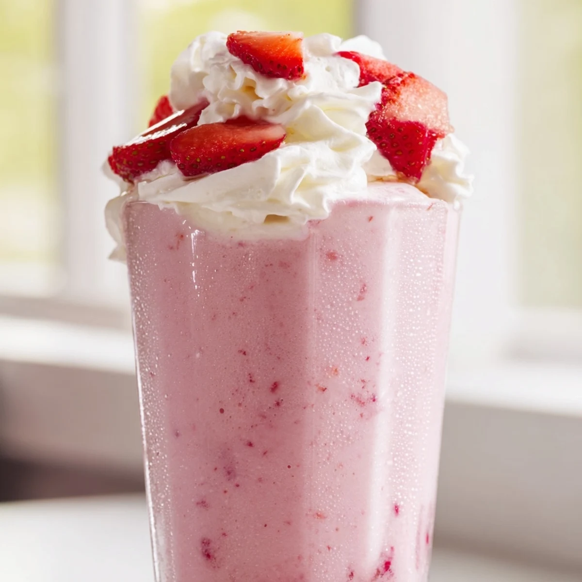 Thick strawberry milkshake topped with whipped cream in a chilled glass