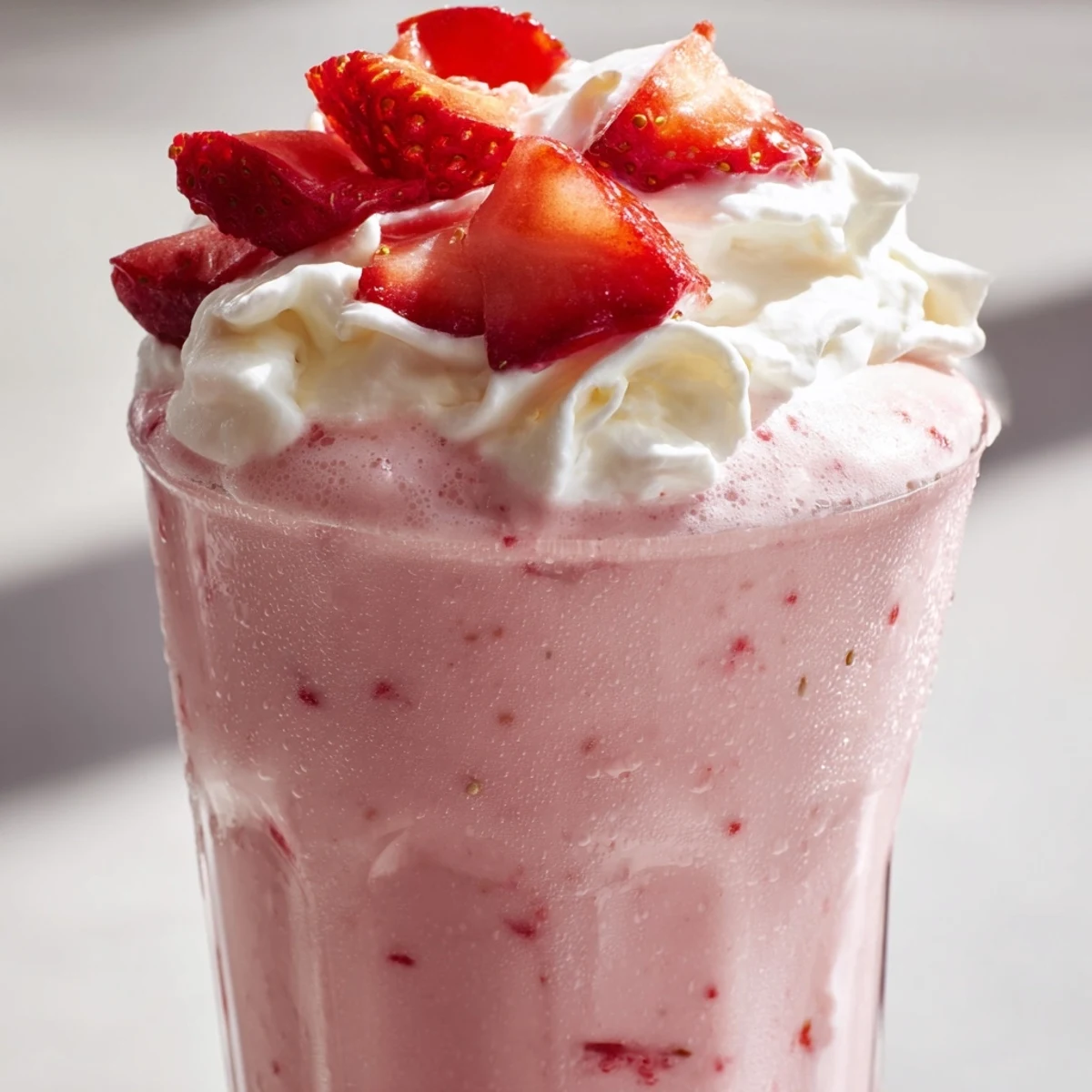 Pink strawberry milkshake served in a tall glass with fresh strawberry garnish