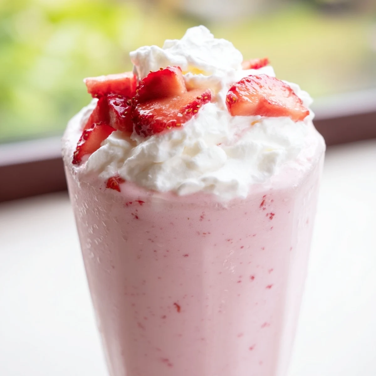 Creamy strawberry milkshake blended with ripe berries and vanilla ice cream