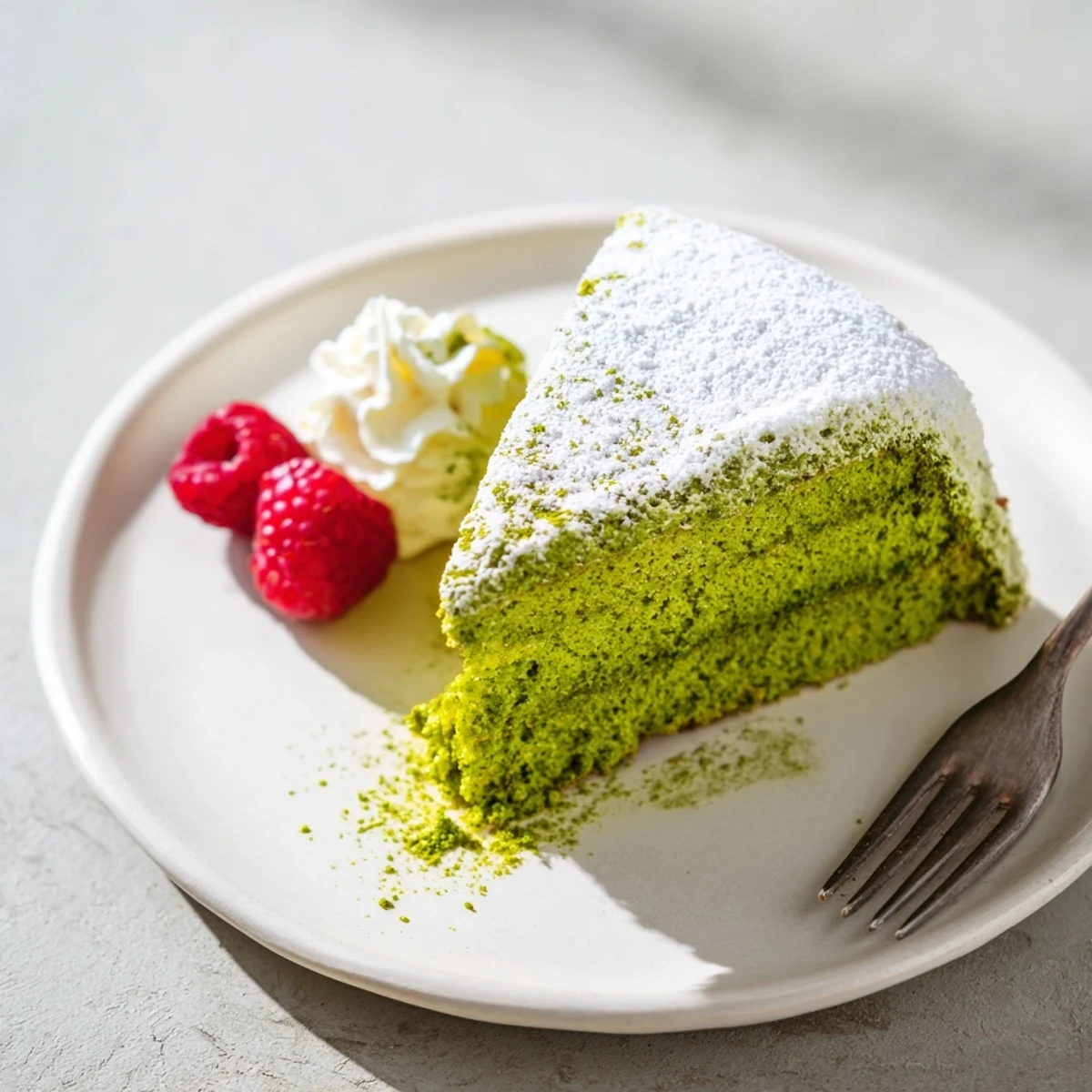 A freshly baked matcha cake recipe lightly dusted with powdered sugar