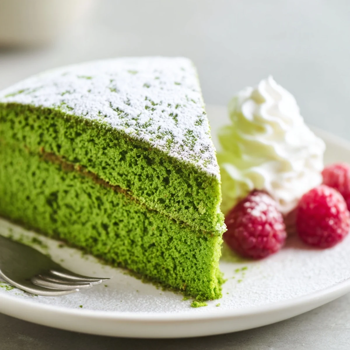 A slice of this matcha cake recipe topped with fresh red strawberries