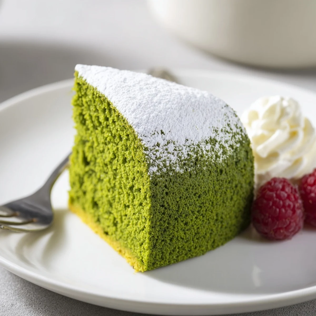 A tender green matcha cake recipe served on a white dessert plate