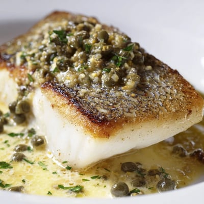 Crispy skin on Pan Seared Sea Bass with Lemon Caper Sauce glistens with tangy sauce in a skillet.