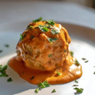 Savory turkey meatballs in a vibrant roasted red pepper sauce, garnished with parsley and ready to serve.
