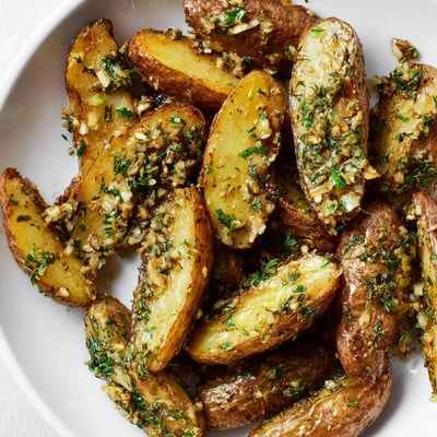 Crispy roasted potatoes with minced garlic and rosemary served as a savory American side dish.