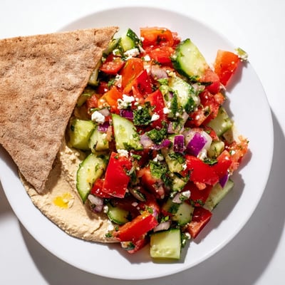 A generous scoop of creamy hummus and warm, toasted pita wedges accompany the colorful Mediterranean Salad with Hummus and Pita Bread.