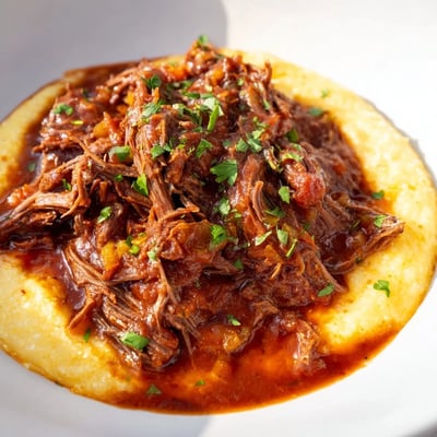 Steaming Slow Cooker Beef Ragu with Creamy Polenta, featuring rich red tomato sauce, tender shredded beef, and velvety cornmeal, perfect for cozy family meals.