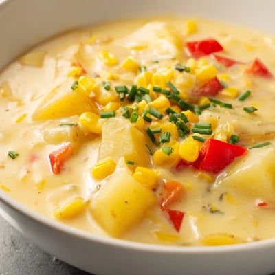 Velvety Creamy Corn Chowder with Red Peppers in a white bowl, featuring diced potatoes and a drizzle of cream.