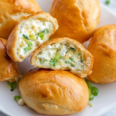 A close-up view reveals the golden crust of a Cheesy Egg and Cheese Piroshki, highlighting the flaky layers and fresh dill.