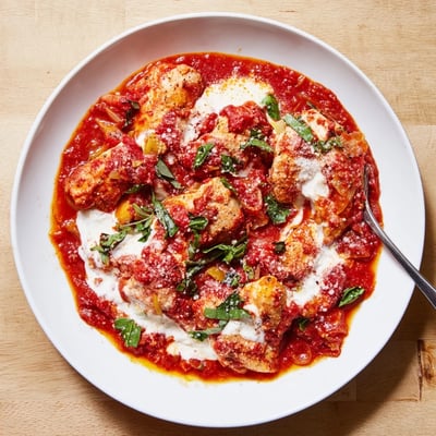 Serving suggestion for Slow Cooker Tomato Basil Chicken over pasta, with melted Parmesan and crusty bread.