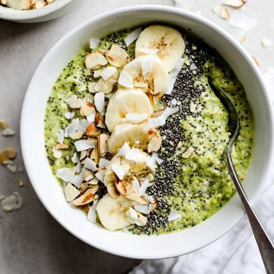 Creamy chilled matcha protein overnight oats topped with toasted coconut and chopped nuts.  