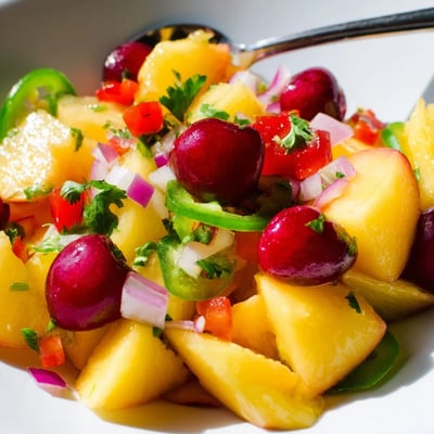 Healthy Peach Cherry Salsa served in a rustic dish, garnished with fresh cilantro, ready for tortilla chips.
