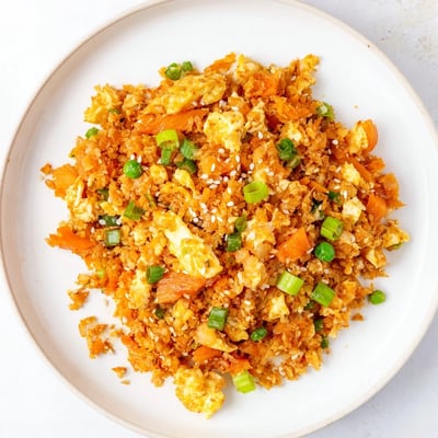 Fluffy scrambled eggs and crunchy carrots mix with spicy kimchi in this vibrant cauliflower fried rice dish.