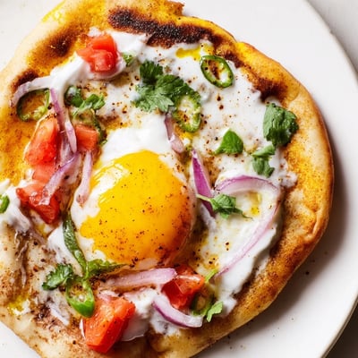 Sizzling curried fried eggs sit atop soft naan, garnished with diced tomatoes, red onion slices, and fresh cilantro, finished with a tangy yogurt sauce. Curried Fried Egg Open Naan.