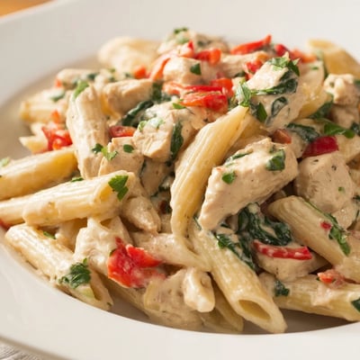One pan creamy chicken pasta served steaming hot with fresh parsley and grated Parmesan on top.