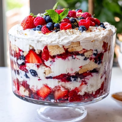 Creamy no-bake Red White Blue Mixed Berry Yum Yum served in individual glasses topped with raspberries